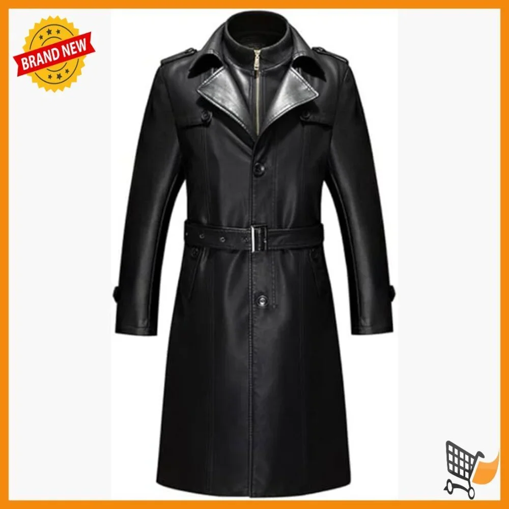 Men's PU Leather Trench Coat Long Parka Double Collar Regular Fit